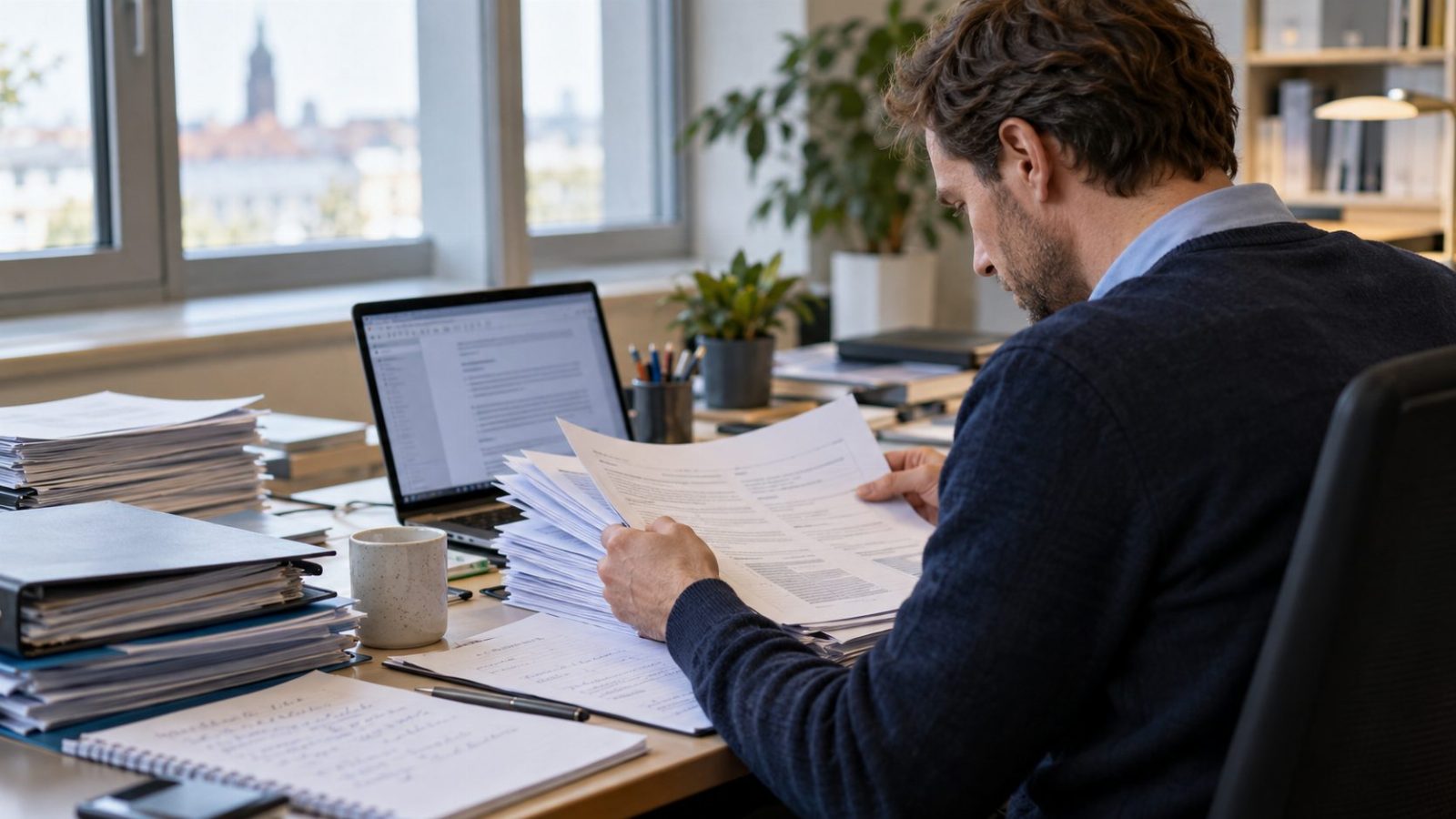 Fachkraft prüft umfangreiche Dokumente an einem Computerarbeitsplatz