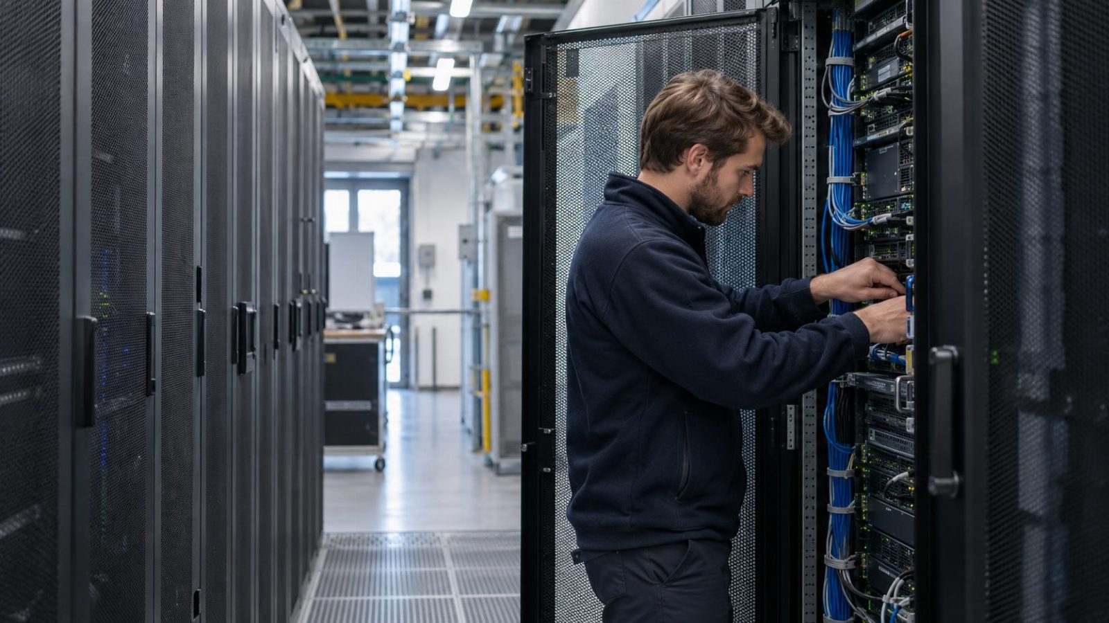 Techniker prüft Server in einem europäischen Rechenzentrum
